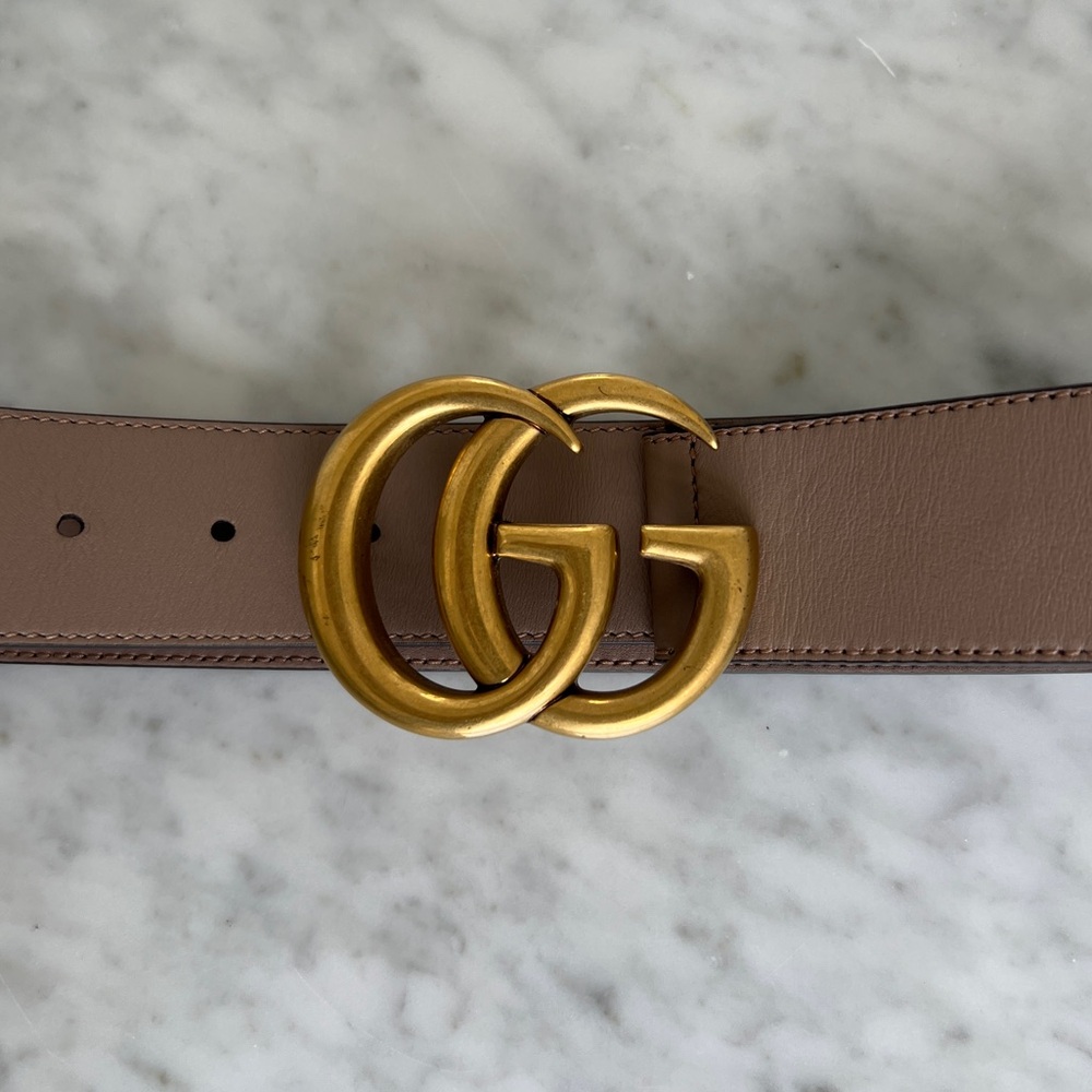 Gucci Brown and Gold Leather Belt with Double G Logo - Picture 2 of 4